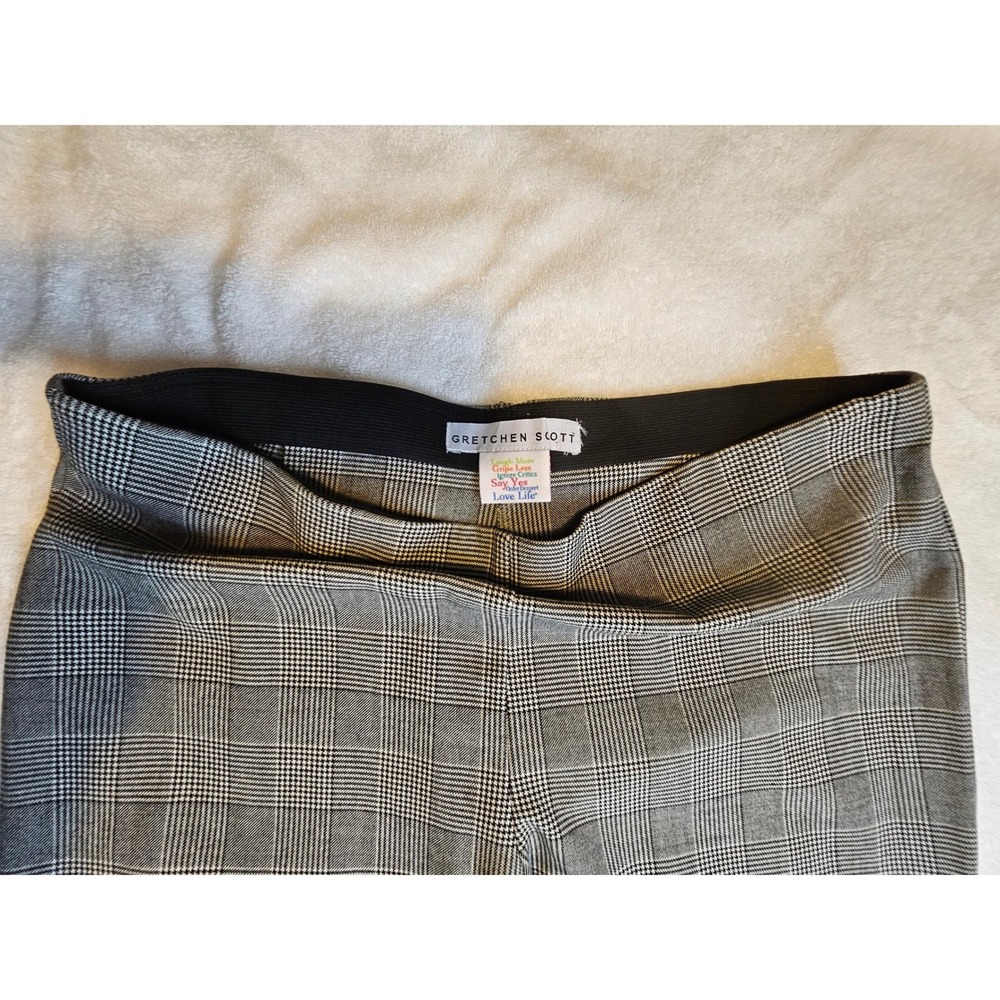 Gretchen Scott Glen Plaid Ankle Pants Black White Elastic Waist Stretch Slim Leg